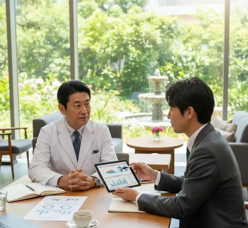 庭園の見えるサロンで、事業承継コンサルタントからタブレットでデータの説明を受ける医師。