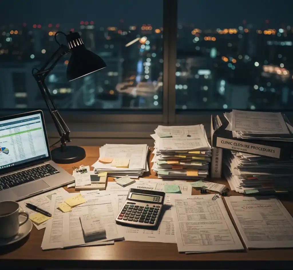 閉院手続きのファイルや、山積みの計算書類・電卓が置かれた夜のデスク。