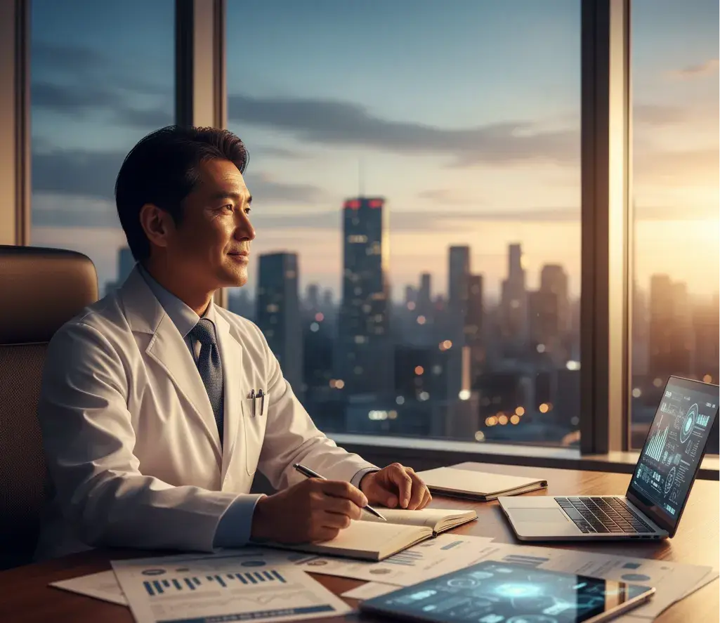 事業承継やセカンドライフに向けて前向きに準備を進める医師。デスクにはPCと分析資料が並んでいる。