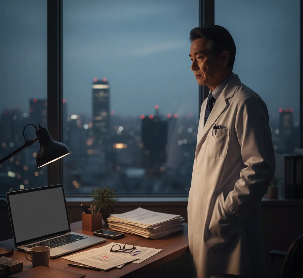 閉院やリタイア時期を検討し、夜の診察室で一人考え込む高齢の医師。デスクには山積みの書類。