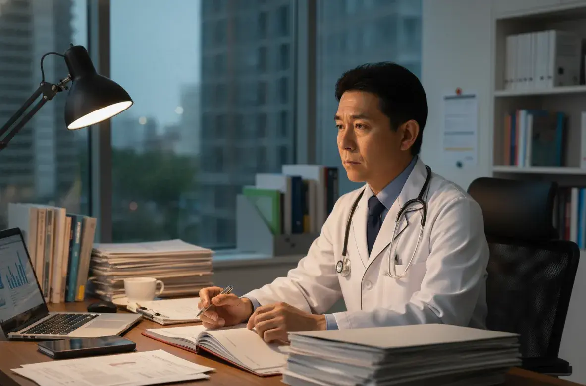 深夜のクリニックで、経営状況や閉院手続きの資料を真剣な表情で読み込む医師。
