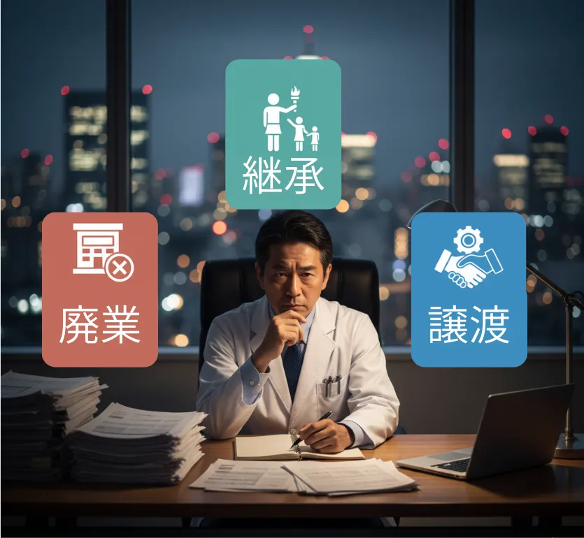 クリニックの今後（継承・廃業・譲渡）の選択肢について、夜のデスクで深く考え込む医師の正面。