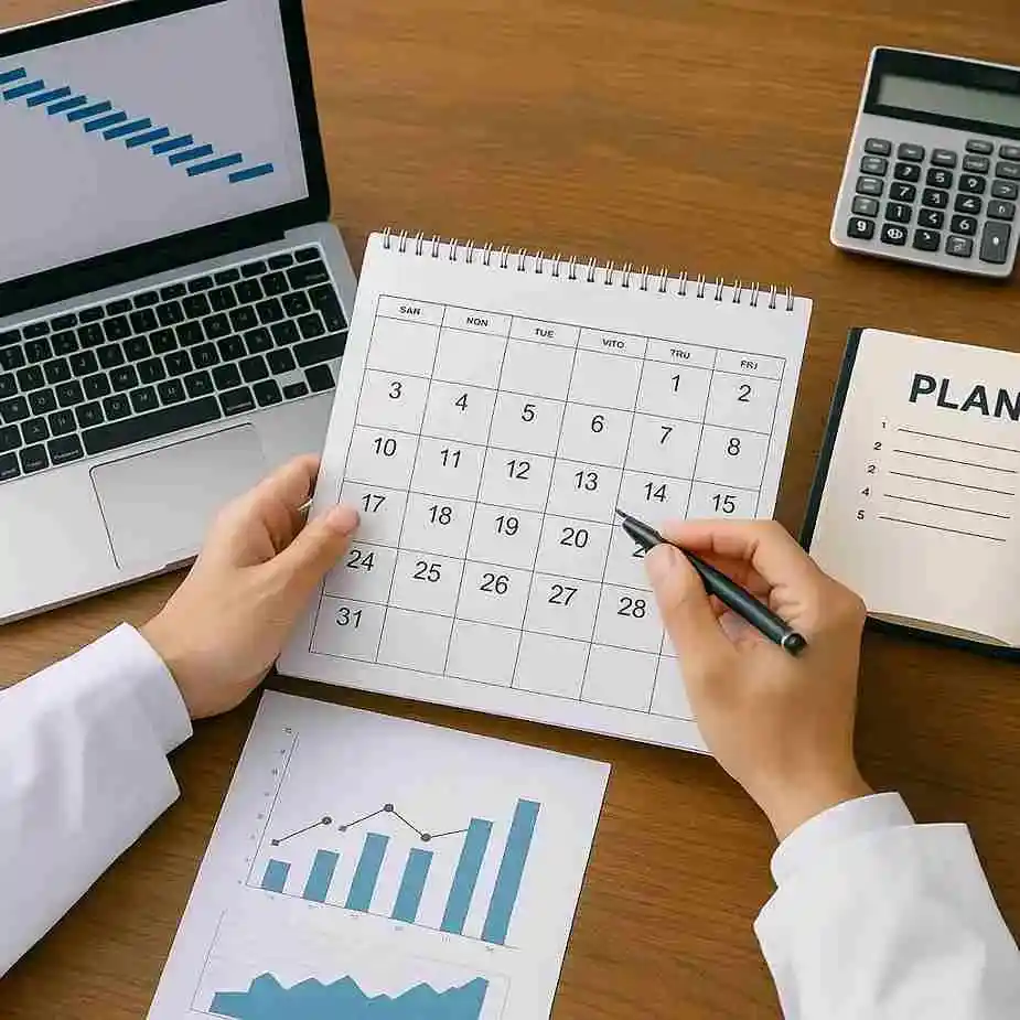 病院経営の計画を立てる医師の手元。デスクの上にはカレンダー、グラフ資料、ノートパソコン、計算機が並んでいる。