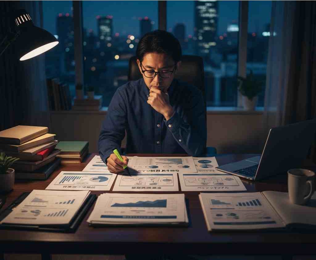 夜の書斎で資料を広げ、銀行審査を突破するための緻密な事業計画書を作成する医師