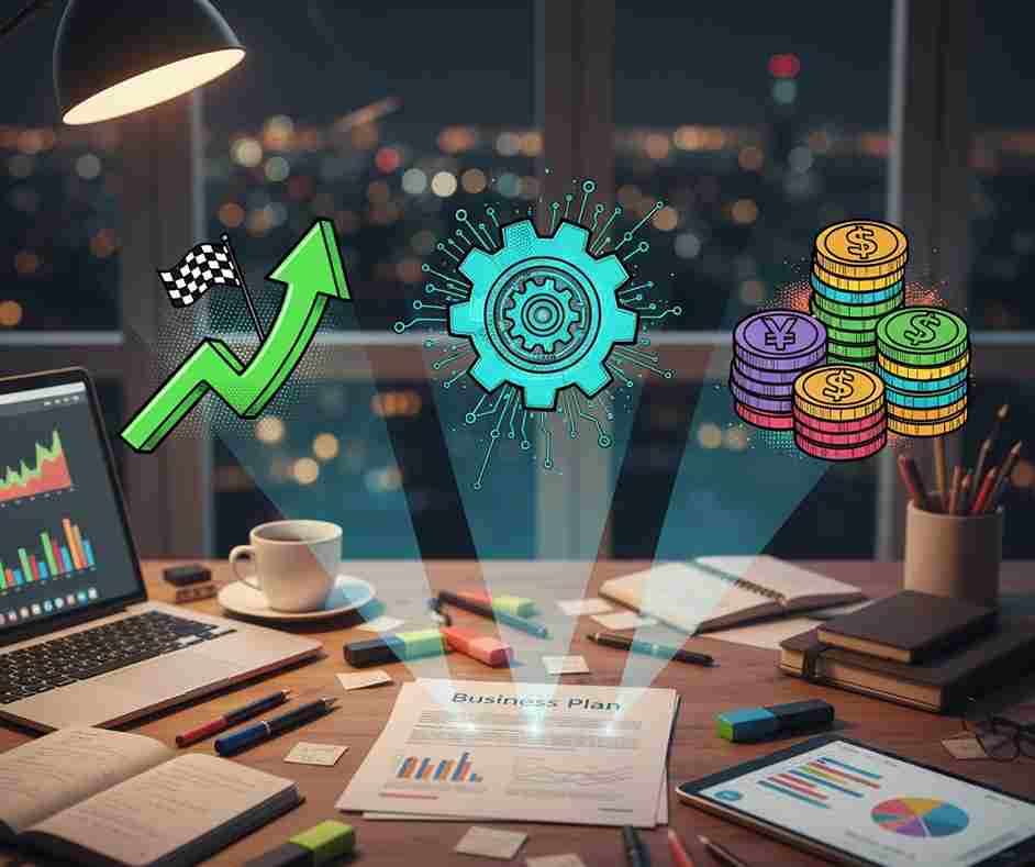 歯車やコインのアイコンと共に、クリニックの資金循環と成長を表現したコンセプト画像