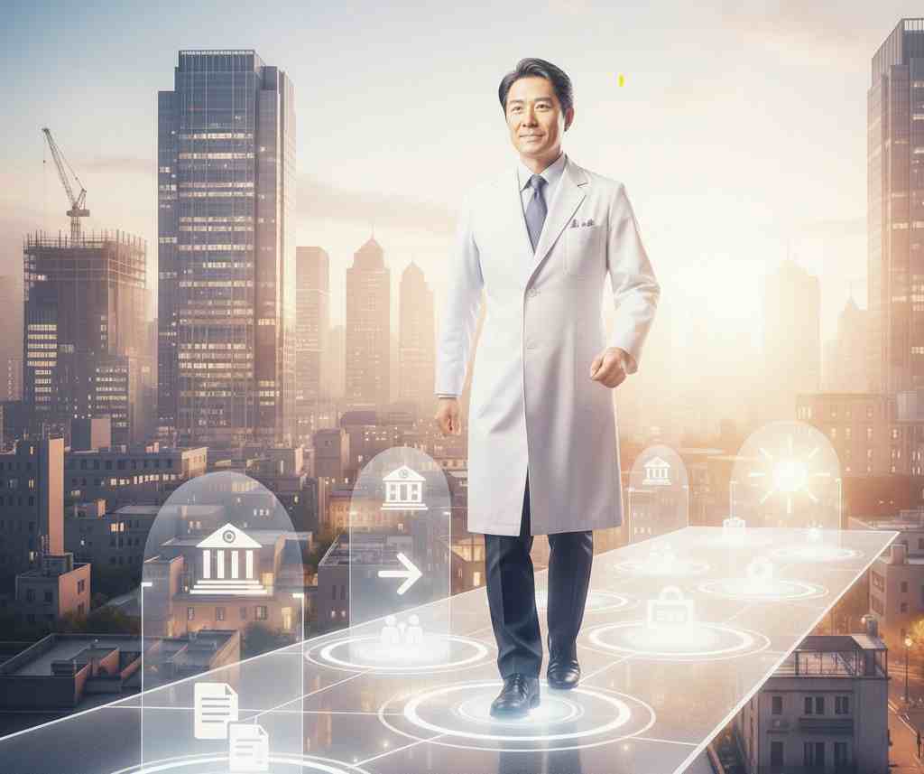 都市部を背景に、銀行やクリニックのアイコンが並ぶ成功への道を自信を持って歩む医師