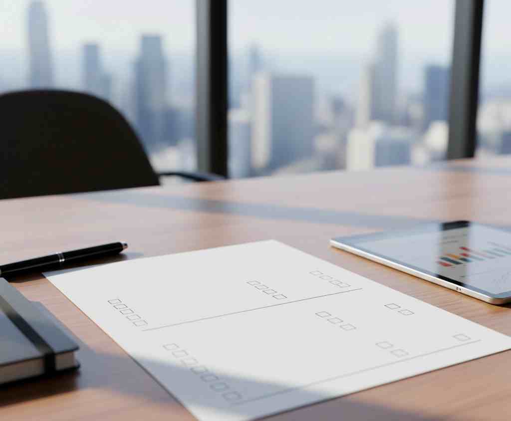 デスクに置かれた、これから事業計画を書き込むためのクリーンな計画書とタブレット