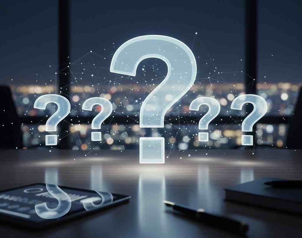 街並みを背景に浮かび上がる光るクエスチョンマーク。医師の融資に関する不安を象徴