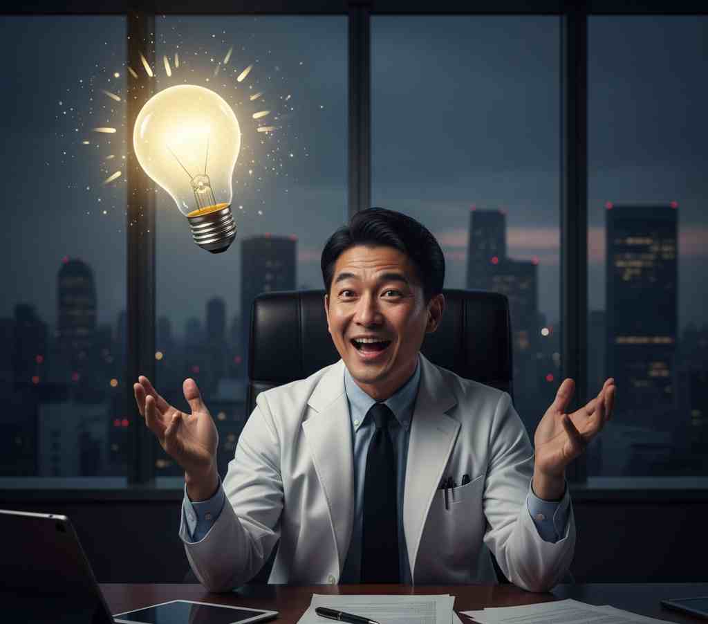 融資審査を通るコツや資金調達のアイデアが閃き、明るい表情を見せる医師