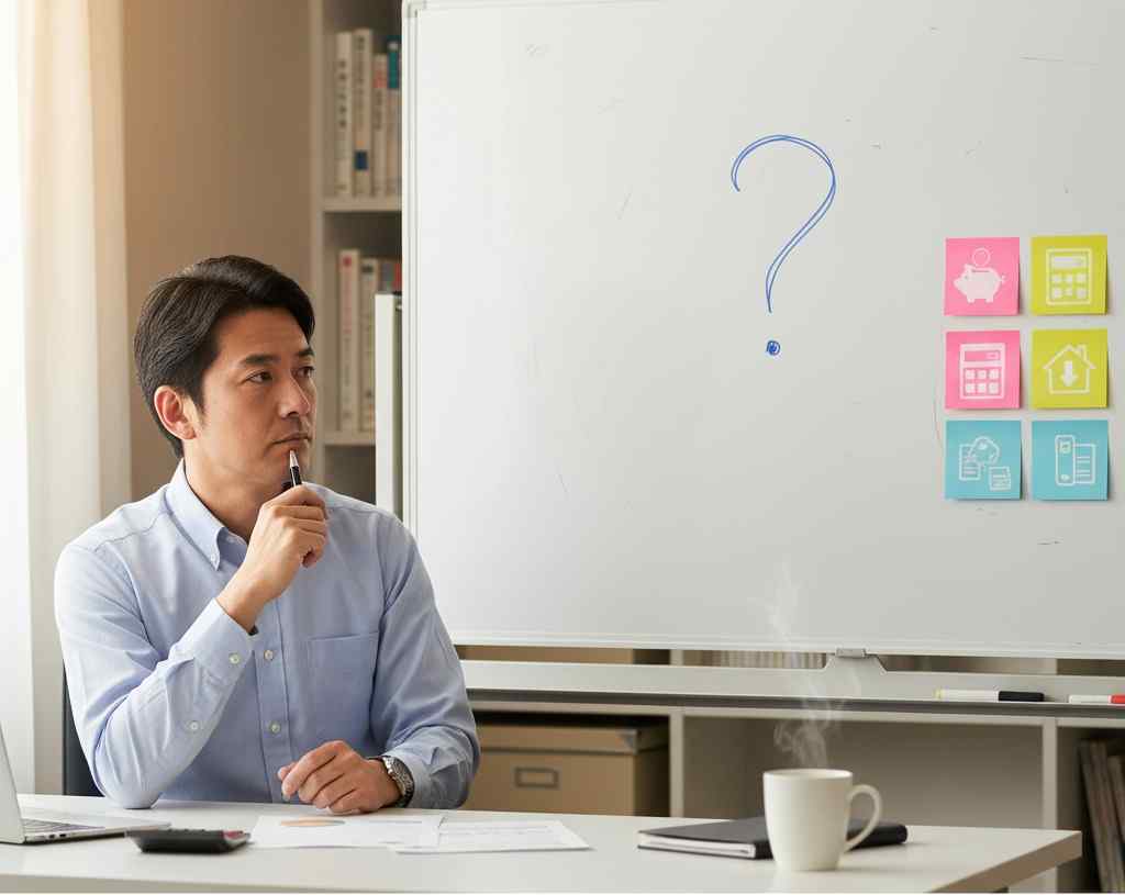 ホワイトボードの前の疑問符（ハテナ）を前に、節税対策を思案する医師