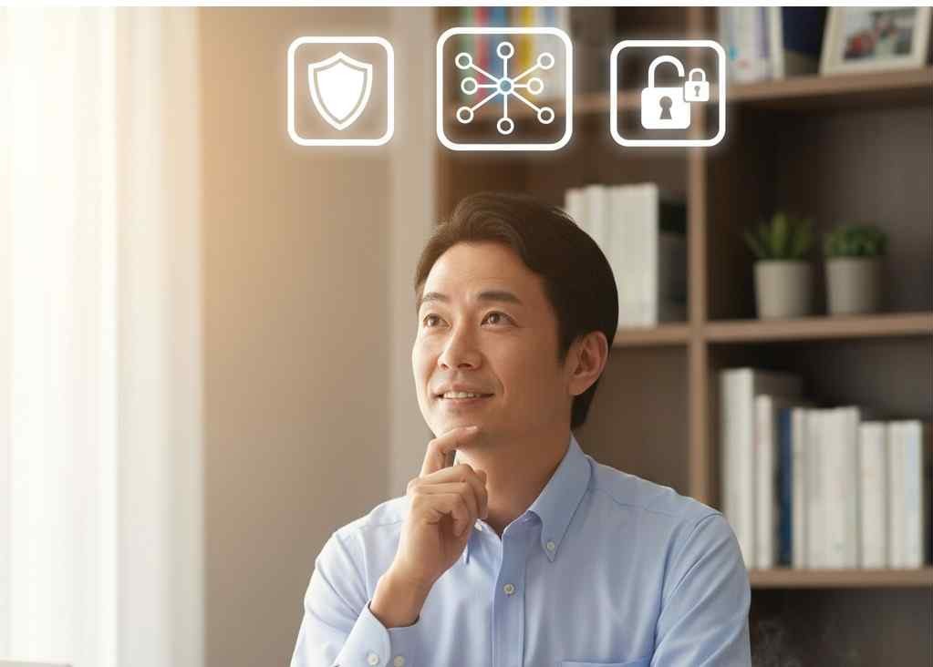 節税による資産保護やリスク管理のアイコンを背景に、明るい表情で思索する医師