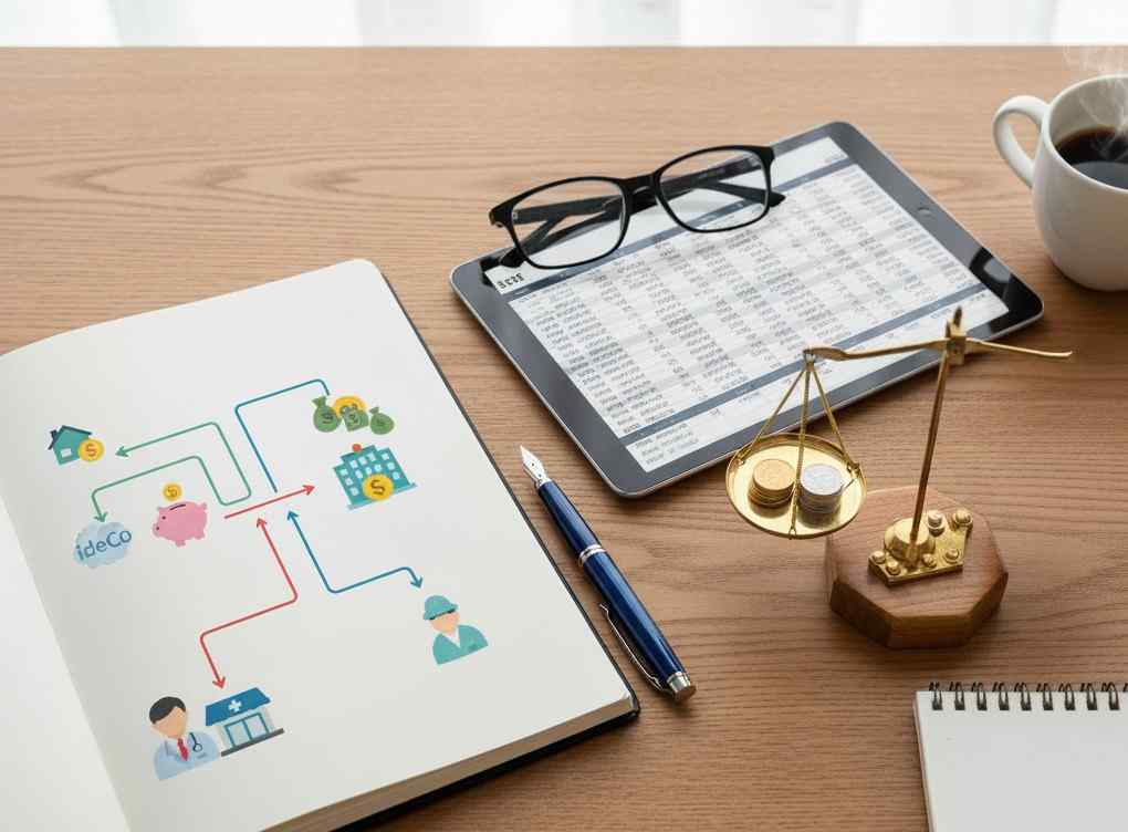 デスク上のノートに描かれた、iDeCoや法人化、クリニック運営を紐解く節税スキームの図解